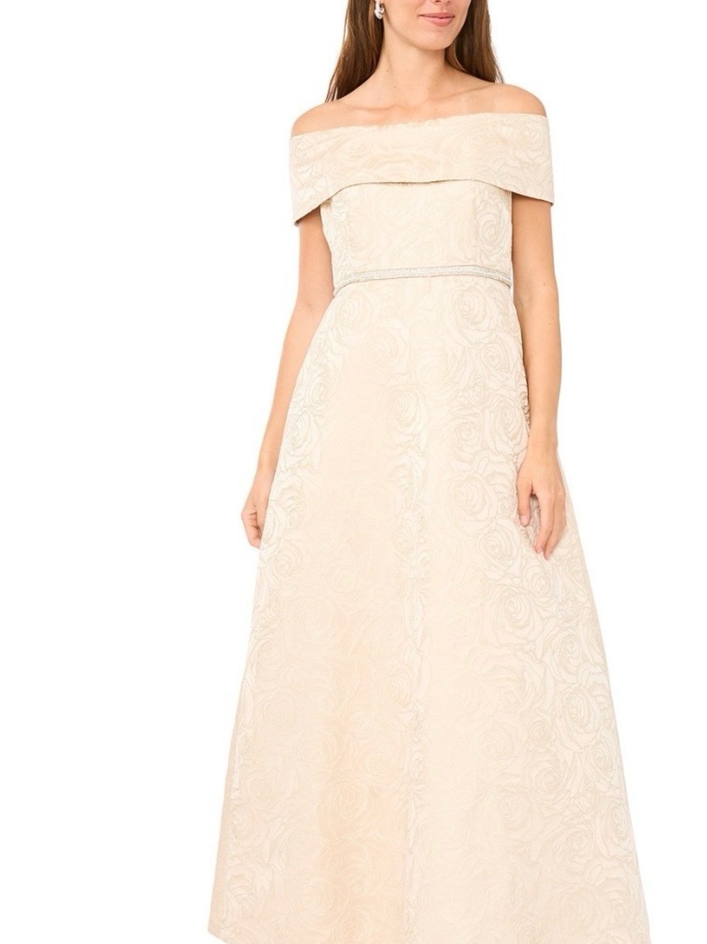 MSK Off-the-Shoulder Floral Jacquard Gown in Blush Cream